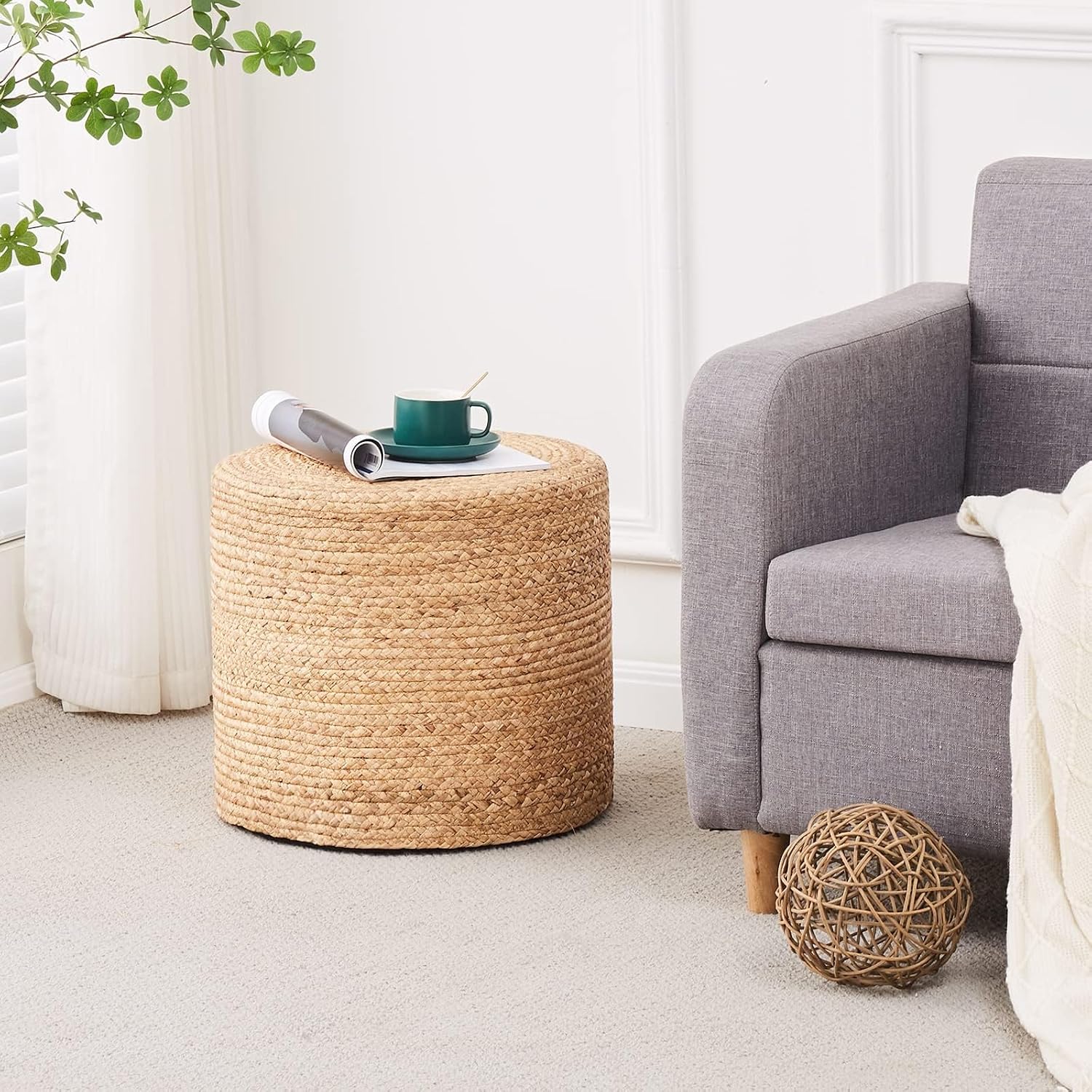 Wimarsbon 2Pcs Pouf Ottomans, Natural Seagrass Foot Stool, Hand Weaving Round Ottoman, Boho Decorative Seat, Jute Braided Pouffe Poof Accent Sitting Footrest (18inch Natural Water Hyacinth Braid)