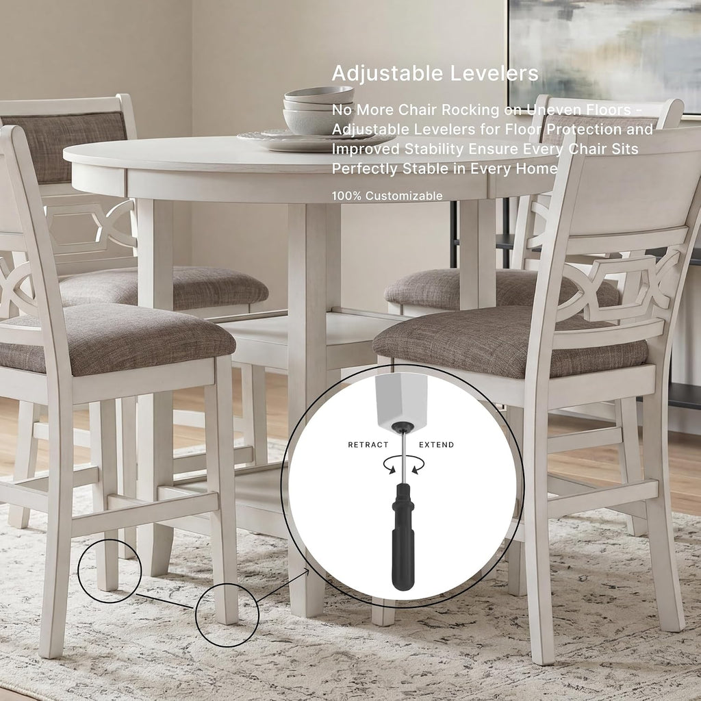 Signature Design by Ashley Round Dining Table Set for 4, Counter Height | 42-inch round table with built-in storage shelves, 4 foam-cushioned light gray barstools, Antique white finish, Erinberg