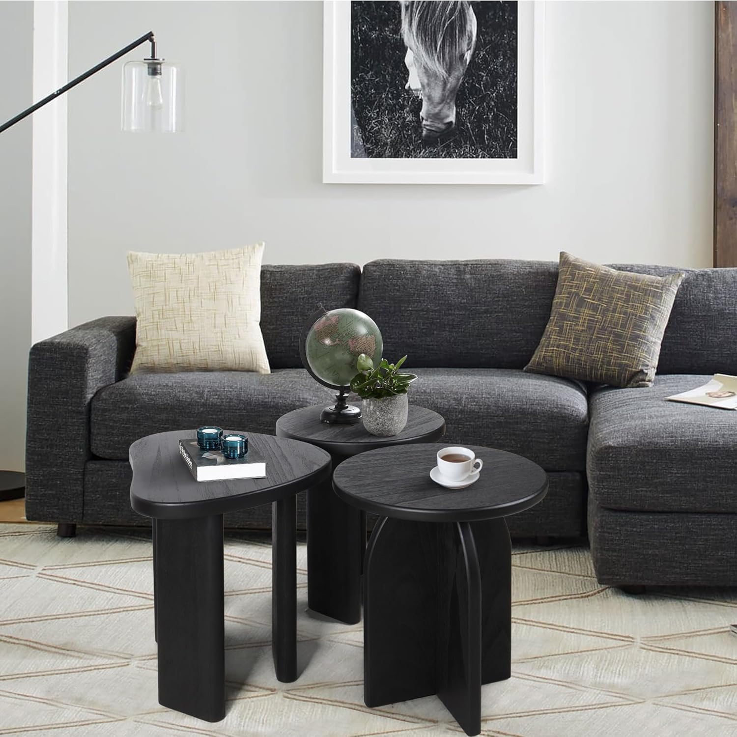 Oakrain End Table with Pedestal, Wood Side Table Bedside Sofa Couch, Modern Nightstand for Bedroom, Small Round Coffee Table for Living Room Office Balcony, Black