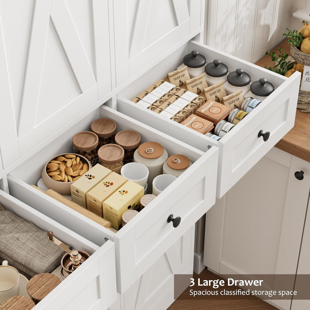 HOSTACK Modern Farmhouse Kitchen Pantry Storage Cabinet, 67" H Kitchen Pantry Cabinet with Barn Doors and Shelves, Freestanding Food Storage Cabinets with Drawers for Dining Room, Living Room, White