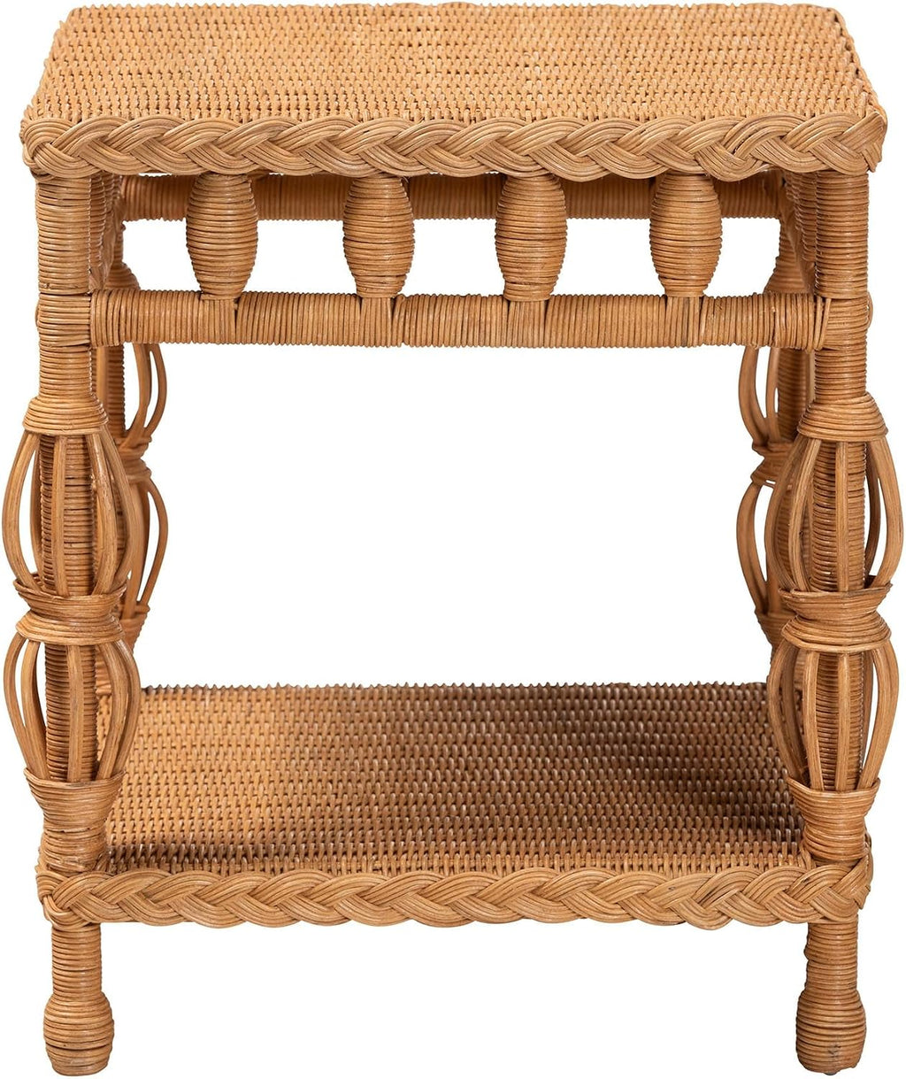 Bali & pari Dolby Natural Rattan End Table - Handwoven Wicker Side Table with Lower Shelf, Coastal Boho Style Accent Table for Living Room or Bedroom
