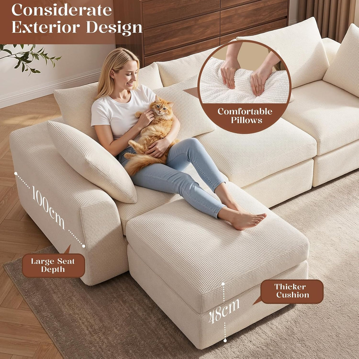 Benazcap 110" Cloud Sectional Couches for Living Room, L-Shaped Convertible Sofa, 3-Seat Modular Couch with Movable Ottoman, Beige