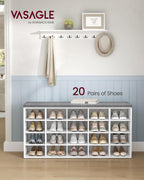 VASAGLE Custos Collection - Shoe Bench, Storage Bench with Padded Seat, Entryway Bench with 20 Compartments, for Bedroom, 12 x 47.2 x 24.7 Inches, Cloud White and Dove Gray ULHS045WB01