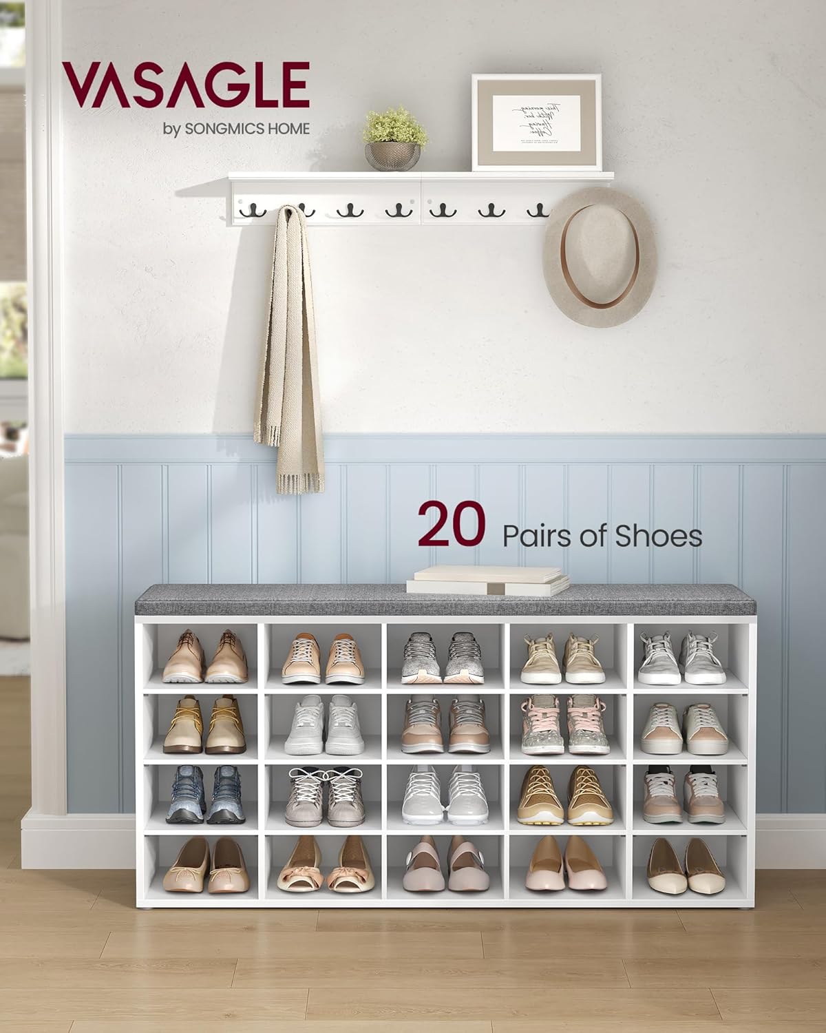 VASAGLE Custos Collection - Shoe Bench, Storage Bench with Padded Seat, Entryway Bench with 20 Compartments, for Bedroom, 12 x 47.2 x 24.7 Inches, Cloud White and Dove Gray ULHS045WB01
