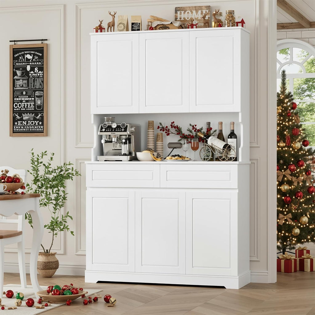 FACBOTALL 74" Pantry Cabinet, Tall Kitchen Pantry with 6 Doors & 2 Drawers | Kitchen Hutch with Wide Countertop, Modern Kitchens Cupboard with Adjustable Shelves and Charge Holes, White