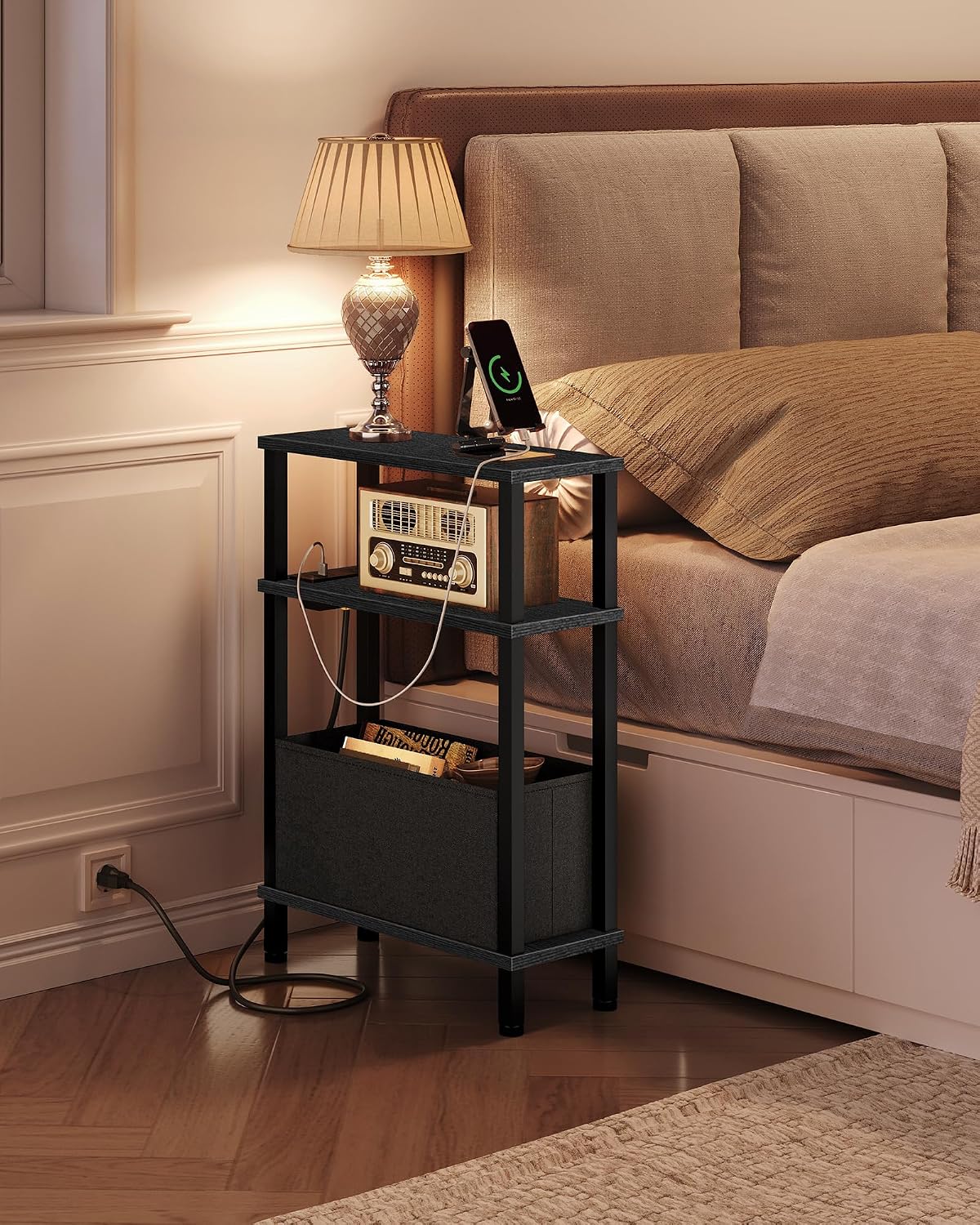 CHOEZON Set of 2 End Tables with Charging Station, Narrow Side Table for Small Spaces, Slim Nightstand with Basket, Skinny Bedside Table, for Living Room, Bedroom, Black TBZ07UP2BBN1