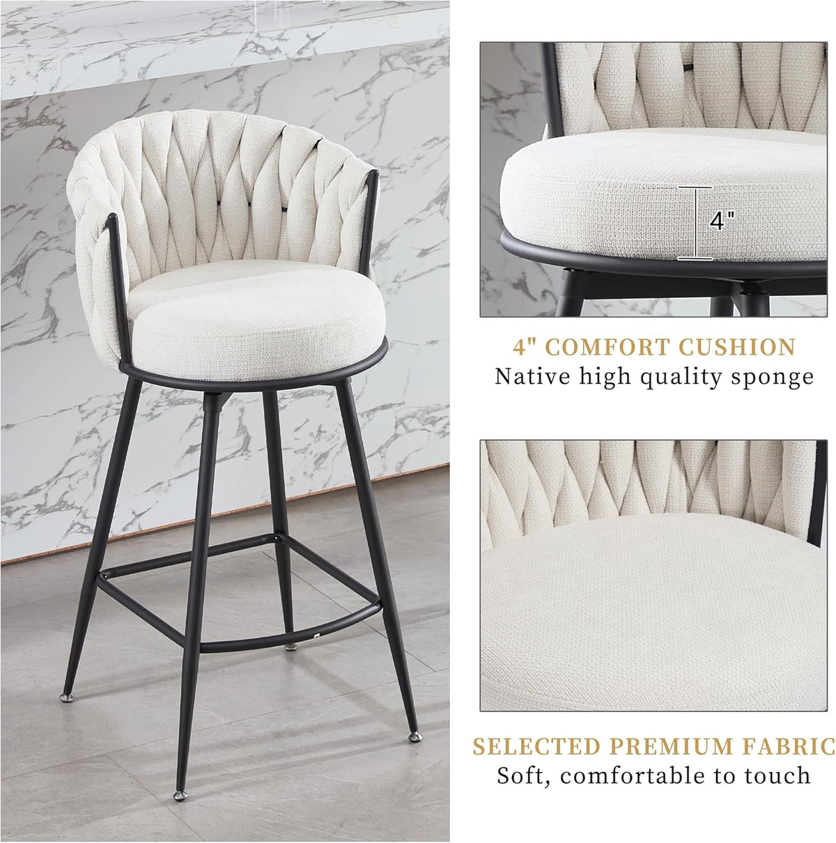 BFZ Swivel Bar Stools Set of 3, 26" Counter Height Barstools, Beige | Fabric, Upholstered Seat, Woven Backrest, Metal Frame, Mid-Century Modern, For Kitchen Island