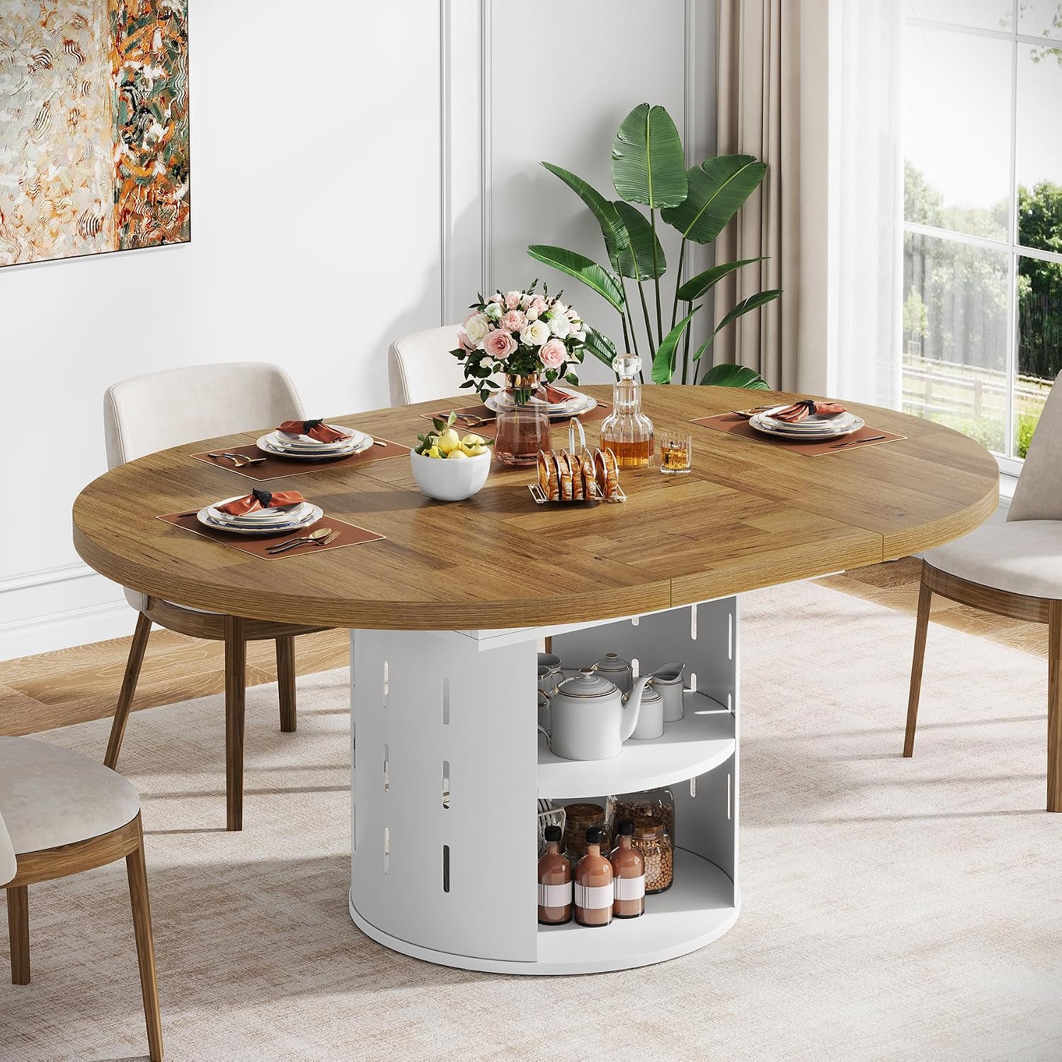 43.3in-59in Extendable Round Dining Table for 4-6, Modern Oval Dining Table with Storage Shelf & White Metal Frame, Space-Saving Expandable Table for Kitchen & Living Room, Oak
