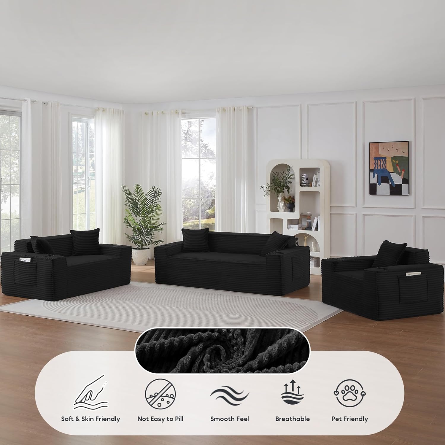 Sectional Sofa 3 Piece Set with Cup Holders & Side Pockets, Modern Corduroy Fabric Deep Seat Cloud Couch Living Room, Office, No Assembly (Black)