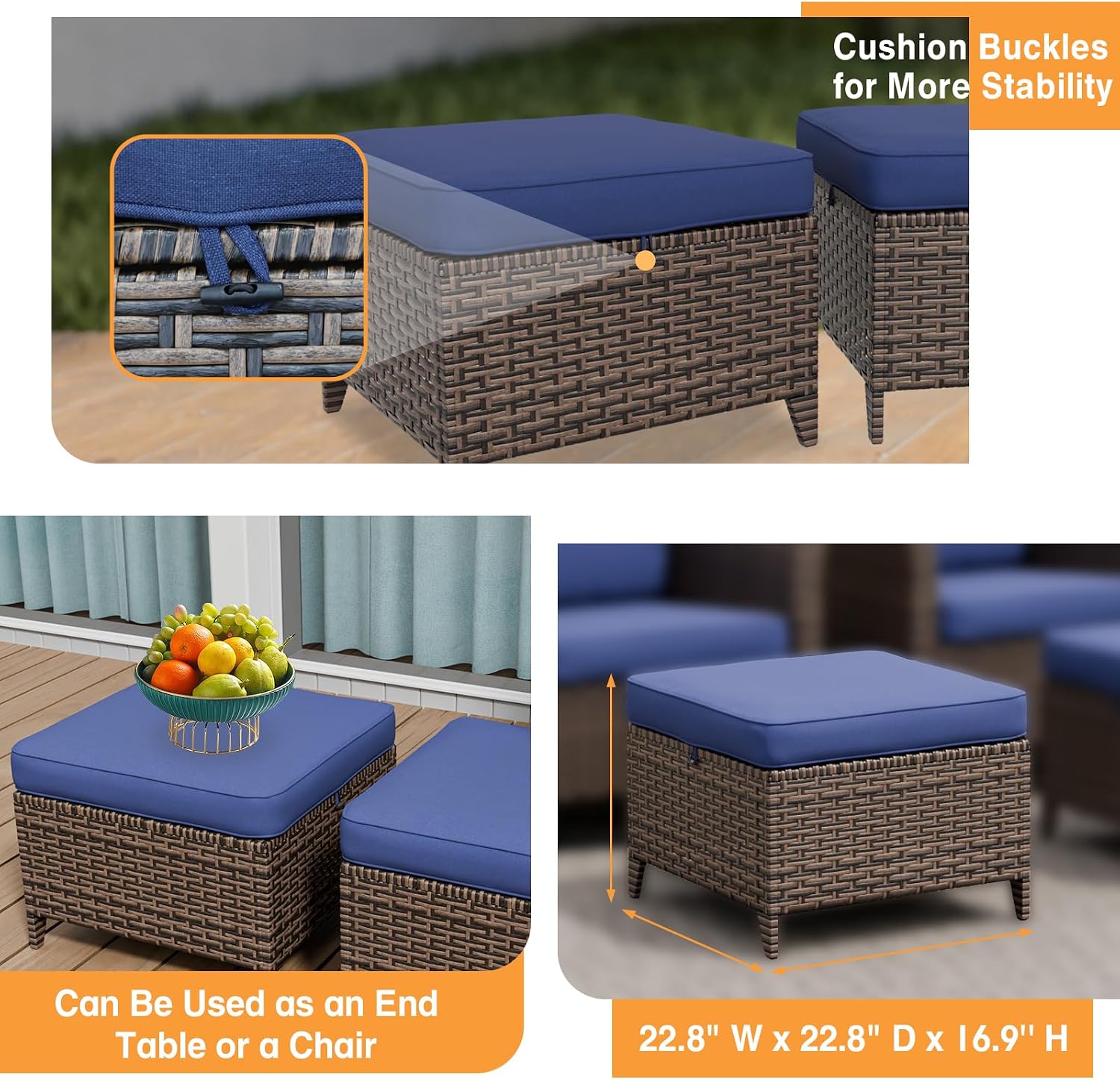 COOS BAY Harbor Retreat Wicker Outdoor Ottomans Set of 2, Patio Footrests with Removable Cushions for Couch, Deck, Backyard & Poolside, Brown/Blue