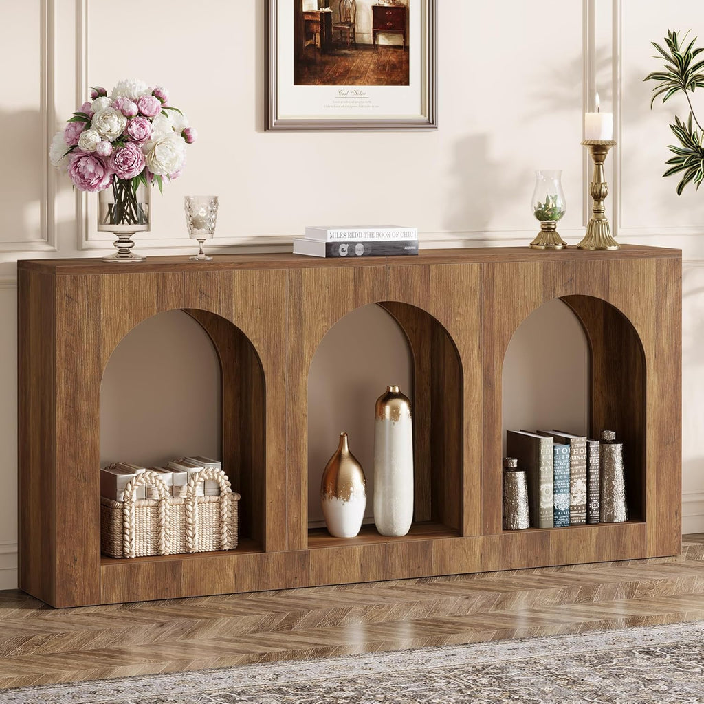 Tribesigns 70.9" Console Table with Storage, Wood Entryway Entry Table with 3 Arched Shelves for Foyer, Hallway, Living Room, Behind Couch Sofa, Narrow Long, Brown