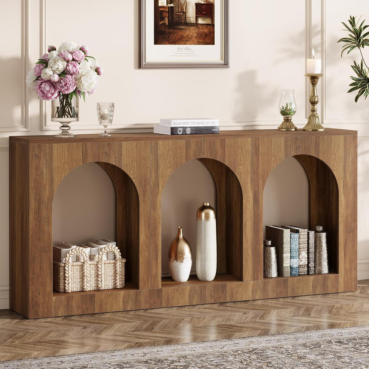 Tribesigns 70.9" Console Table with Storage, Wood Entryway Entry Table with 3 Arched Shelves for Foyer, Hallway, Living Room, Behind Couch Sofa, Narrow Long, Brown