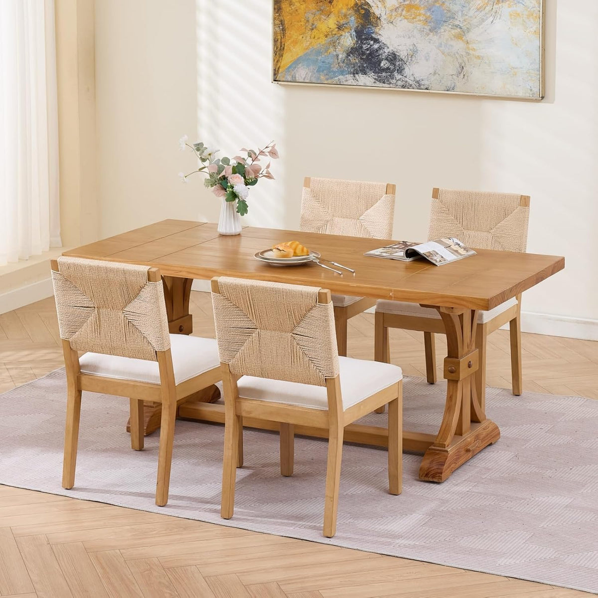 French Country Dining Chairs Set of 4, Beige Farmhouse Wood Dining Room Chairs, Woven Back Linen Upholstered Dining Chair, Solid Wood Legs, Boho Style Kitchen Chairs, Sillas de Comedor