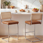Zesthouse Natural Rattan Counter Stools Set of 2, 26" Modern Boho Barstools | Mid Century Modern Barstool with Cane Mesh & Chrome Base, Vintage Faux Leather Counter Height Chair for Kitchen Island, Brown