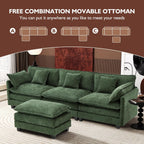 Ihanherry 111.4" L Shaped Modern Sofa Modular Sectional Cloud Couch with Ottoman, 4-Seat Chenille Deep Seat Sofa with Pillow for Living Room, Bedroom and Apartment, Green