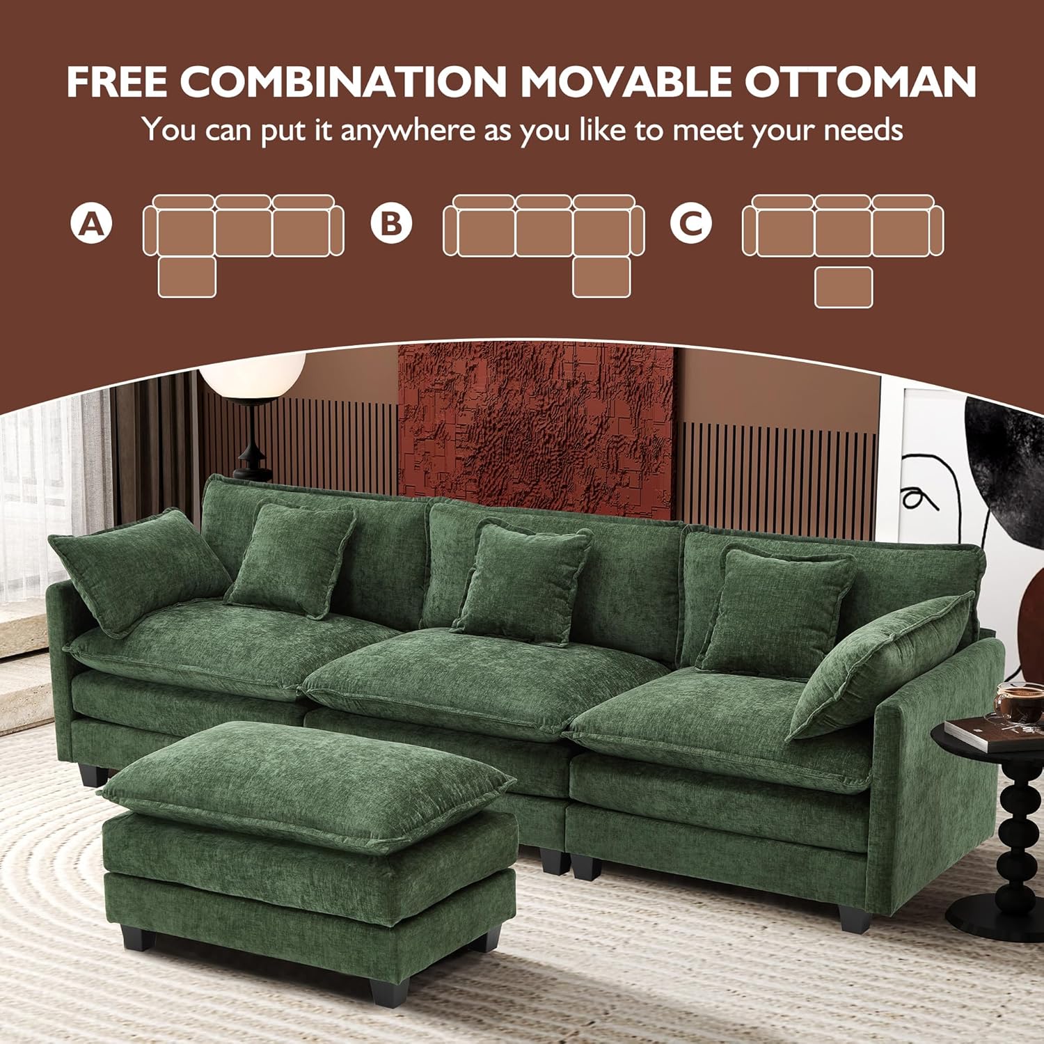 Ihanherry 111.4" L Shaped Modern Sofa Modular Sectional Cloud Couch with Ottoman, 4-Seat Chenille Deep Seat Sofa with Pillow for Living Room, Bedroom and Apartment, Green