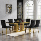 7-Piece Dining Table Set for 6, 68" Black Marble Kitchen Table with 6 Black Chairs,Modern Rectangle Dinner Table and Chairs Set with Double Column Stainless Steel Legs for Kitchen & Dining Room