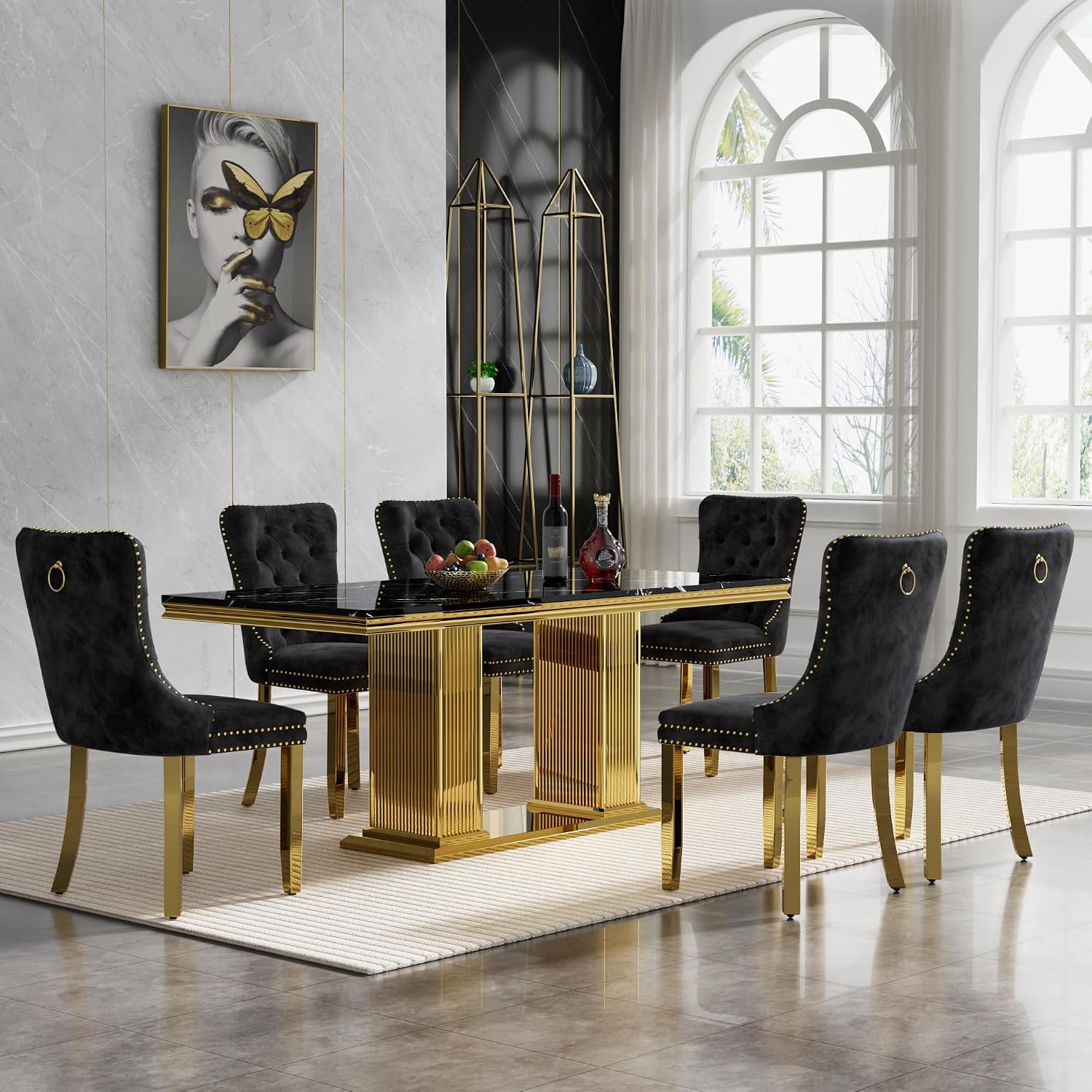 7-Piece Dining Table Set for 6, 68" Black Marble Kitchen Table with 6 Black Chairs,Modern Rectangle Dinner Table and Chairs Set with Double Column Stainless Steel Legs for Kitchen & Dining Room