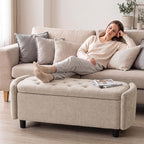 Furniliving 46.5‘’ Chenille Storage Bench, Button-Tufted Upholstered Storage Ottoman Bench with Safety Hinge, End of Bed Bench for Bedroom Entryway Living Room, Camel