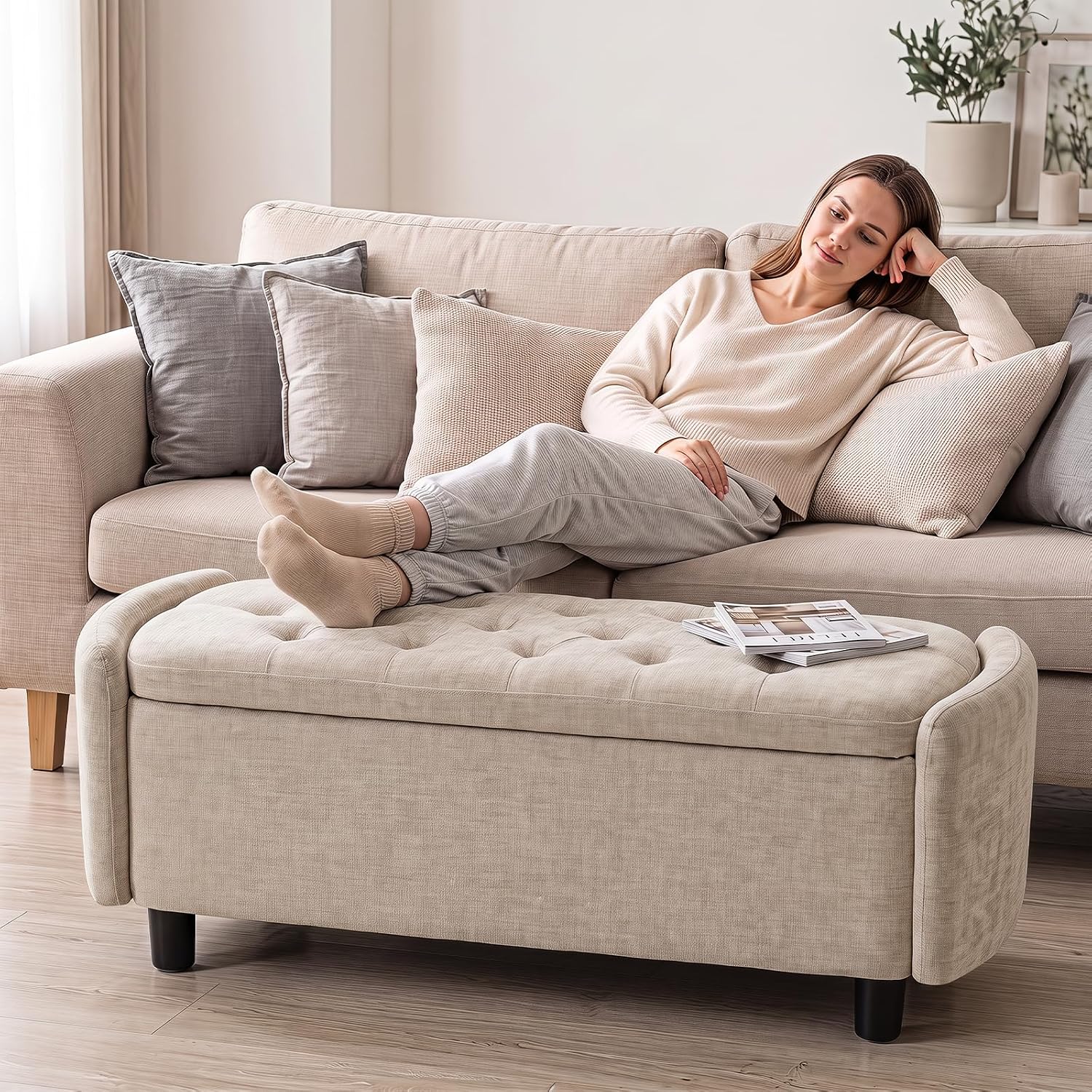 Furniliving 46.5‘’ Chenille Storage Bench, Button-Tufted Upholstered Storage Ottoman Bench with Safety Hinge, End of Bed Bench for Bedroom Entryway Living Room, Camel