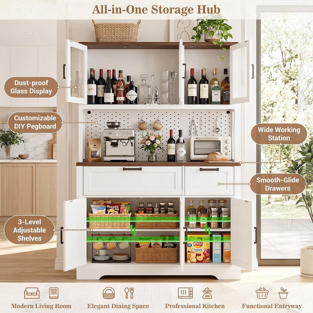 Unikito 71" Tall Pantry Cabinet, Kitchen Pantry Storage Cabinet with Charging Station & LED Lights, Freestanding Microwave Stand Coffee Bar Hutch with Drawers & DIY Pegboard for Dining Room, White