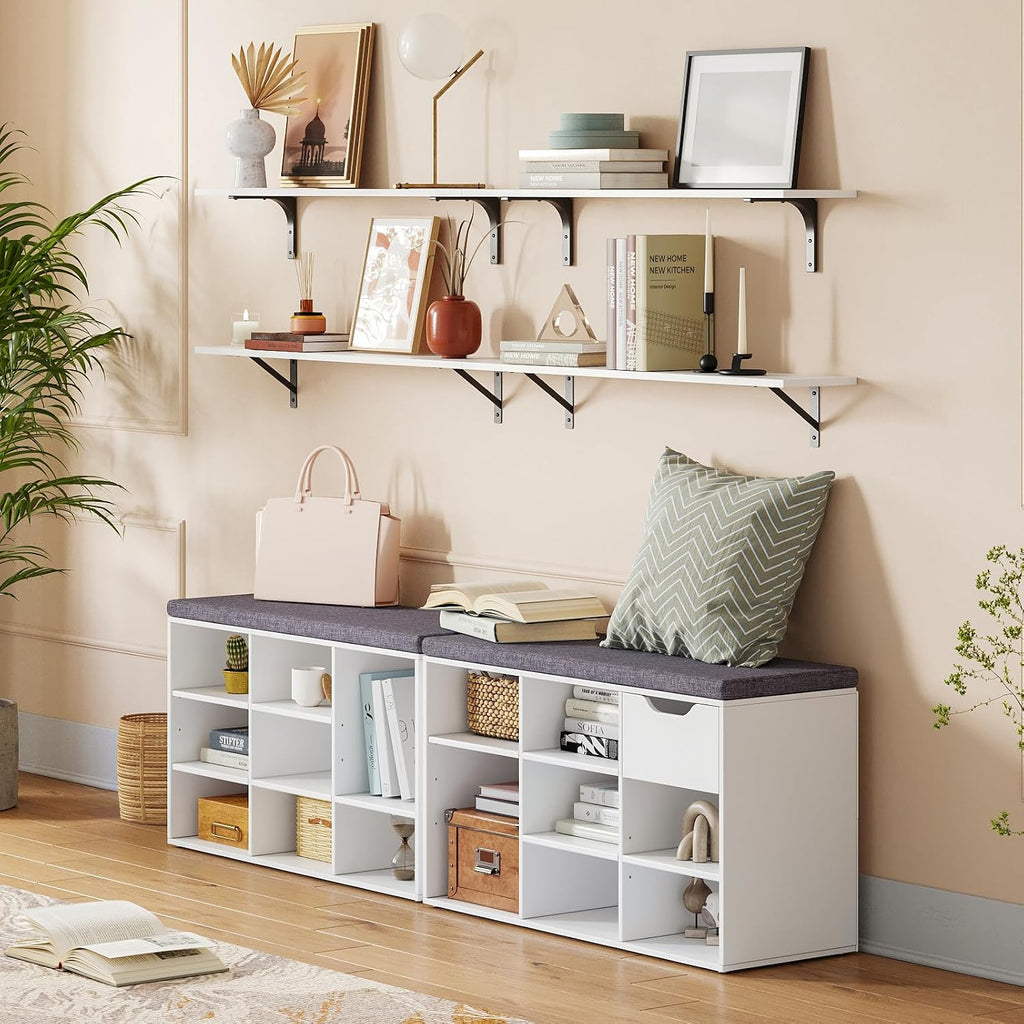 DINZI LVJ Shoe Storage Bench with Cushion, Cubby Shoe Rack with 9 Cubbies, Adjustable Shelves, Multifunctional Shoe Organizer Bench for Entryway, Mudroom, Hallway, Closet and Garage, White