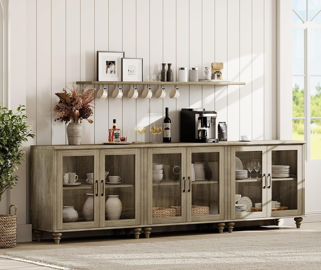 WAMAPT Farmhouse Sideboard Credenza with 6 Glass Doors, Large Coffee Bar Table with Adjustable Shelf, Wood Kitchen Storage Cabinets, Modern Buffet Cabinet for Dining Room, Grey, 101"