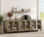 WAMAPT Farmhouse Sideboard Credenza with 6 Glass Doors, Large Coffee Bar Table with Adjustable Shelf, Wood Kitchen Storage Cabinets, Modern Buffet Cabinet for Dining Room, Grey, 101"