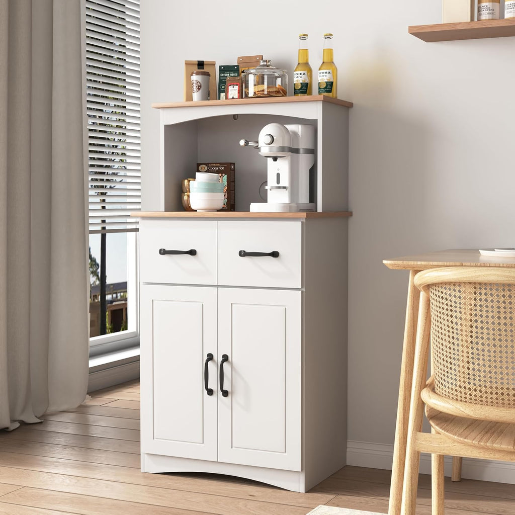 49.4" H White Kitchen Pantry Cabinet with 2 Doors & 2 Drawers, Freestanding Microwave Cabinet with Adjustable Shelf & Cable Hole, Wooden Storage Hutch for Kitchen, Dining Room