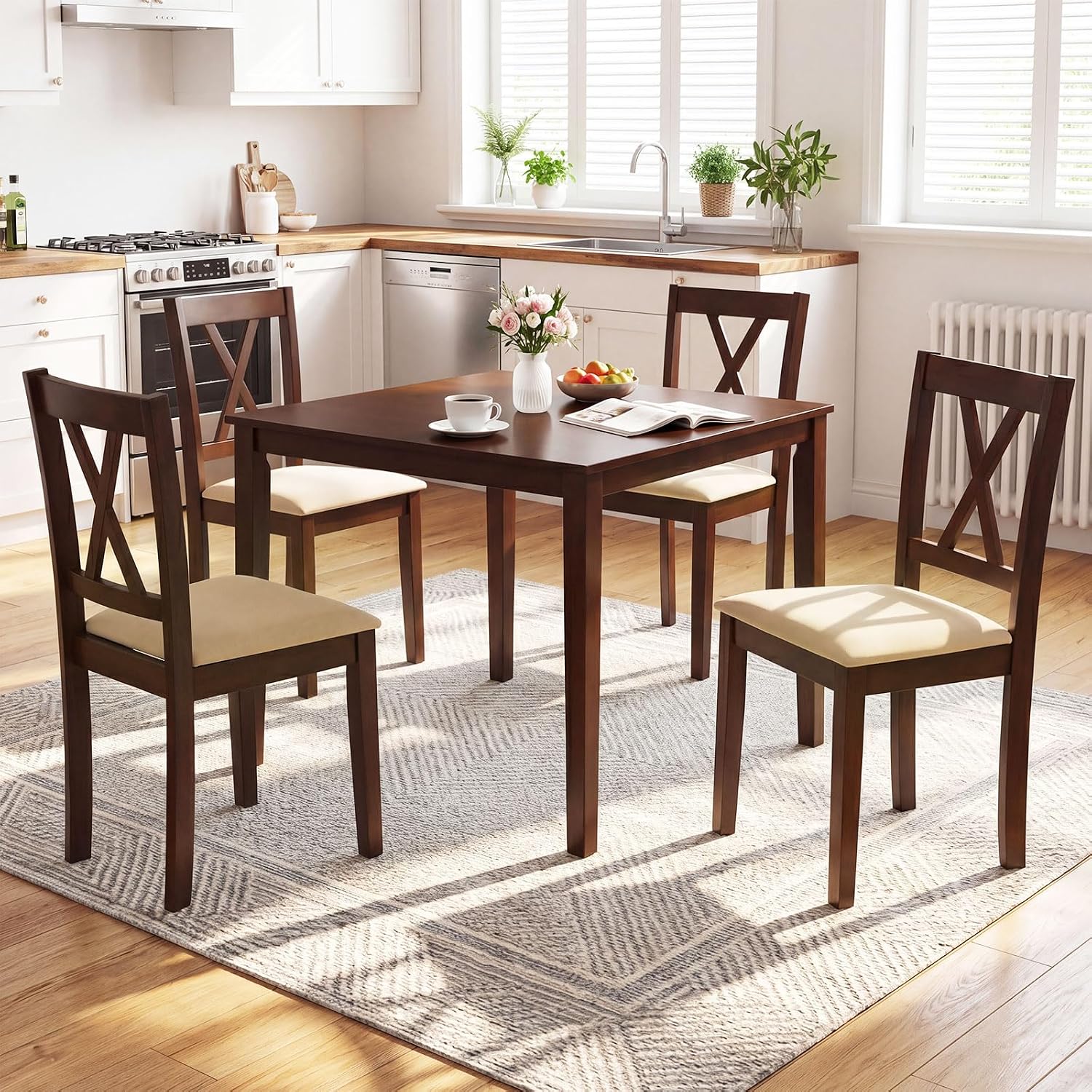 Giantex Dining Table for 4, 35.5" Square Kitchen Table with Solid Rubber Wood Legs, Wooden Dinner Table for Living Dining Room, Dinette, Home Office, Apartment, Walnut