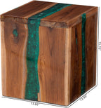 Bali & pari ANAN Teak Wood Epoxy Resin End Table - Live Edge Cube Side Table, Handcrafted Modern Rustic Accent Table for Living Room or Bedroom, Cube