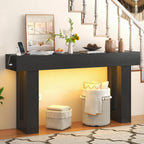 Grepatio Long Console Table with LED Light, 63 Inch Wood Entryway Table with USB Power Outlet, Narrow Sofa Behind Couch Table, Farmhouse Entry Tables for Entryway, Hallway, Living Room (LED Black)
