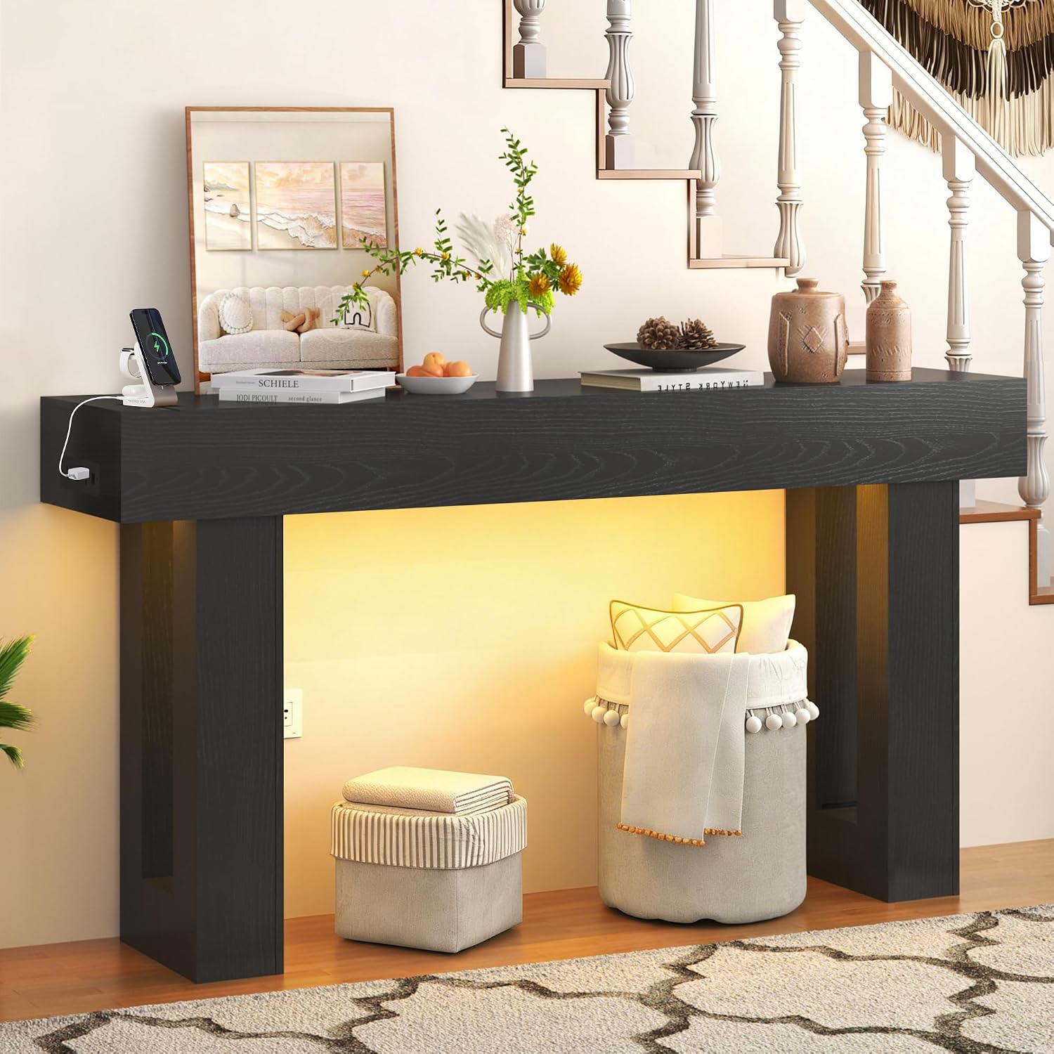 Grepatio Long Console Table with LED Light, 63 Inch Wood Entryway Table with USB Power Outlet, Narrow Sofa Behind Couch Table, Farmhouse Entry Tables for Entryway, Hallway, Living Room (LED Black)