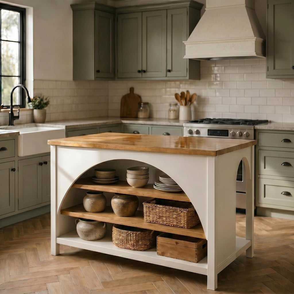 Christopher Knight Home Elle 56" Kitchen Island with Open Storage, Farmhouse Rubberwood Kitchen Island Table with Arch Detail, Storage Cabinet with 3 Open Shelves, Kitchen Prep Table, White+Natural