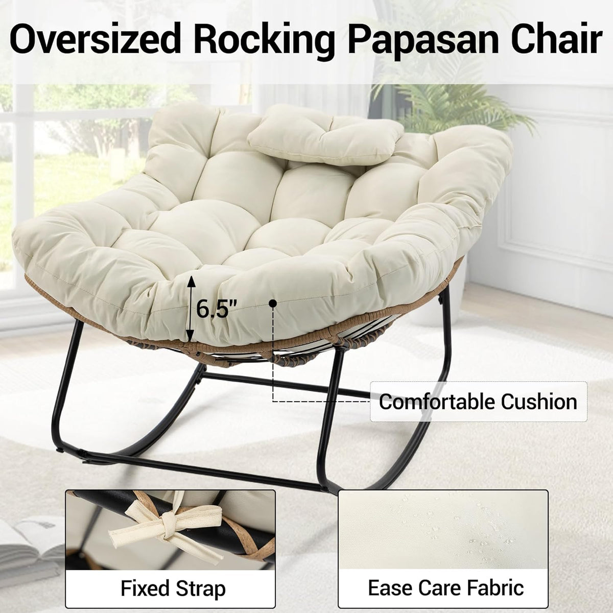 Outdoor Rocking Chair, Oversized Papasan Rocker w/Thick Cushion & Pillow, Indoor Wicker Egg Chairs for Patio Porch Balcony Deck Garden Poolside, Beige