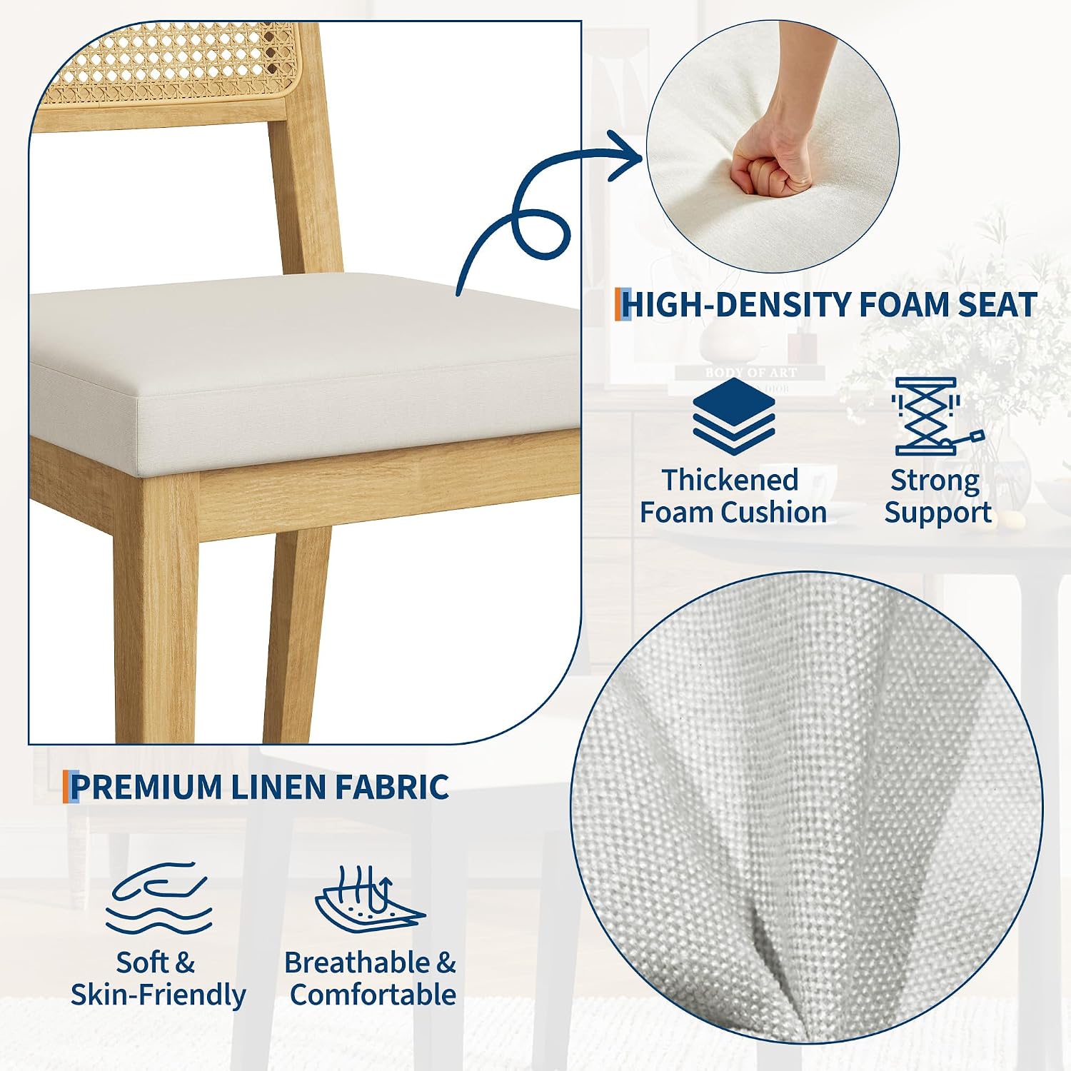 Garvee Rattan Dining Chairs Set of 2, French Country Upholstered Dining Chairs Wood Frame, Rattan Backrest, Armless Chair for Kitchen Restaurant Dining Room Bedroom, Linen, Natural