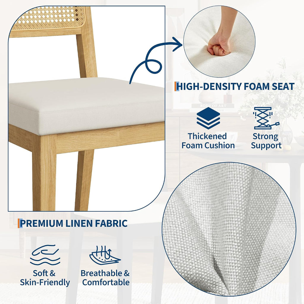 Garvee Rattan Dining Chairs Set of 4, French Country Upholstered Dining Chairs Wood Frame, Rattan Backrest, Armless Chair for Kitchen Restaurant Dining Room Bedroom, Linen, Natural