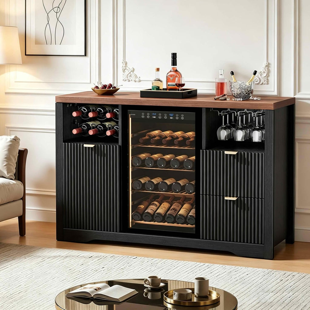 Coffee Bar Cabinet with Mini Fridge Space, 53"Wine Cabinets with Storage | Wood Fluted Liquor Cabinet with Storage Drawer, Wine Rack,Glass Holder for Home, living Room,20"D x 53"W x 39.4"H-Black