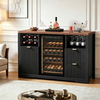 Coffee Bar Cabinet with Mini Fridge Space, 53"Wine Cabinets with Storage | Wood Fluted Liquor Cabinet with Storage Drawer, Wine Rack,Glass Holder for Home, living Room,20"D x 53"W x 39.4"H-Black