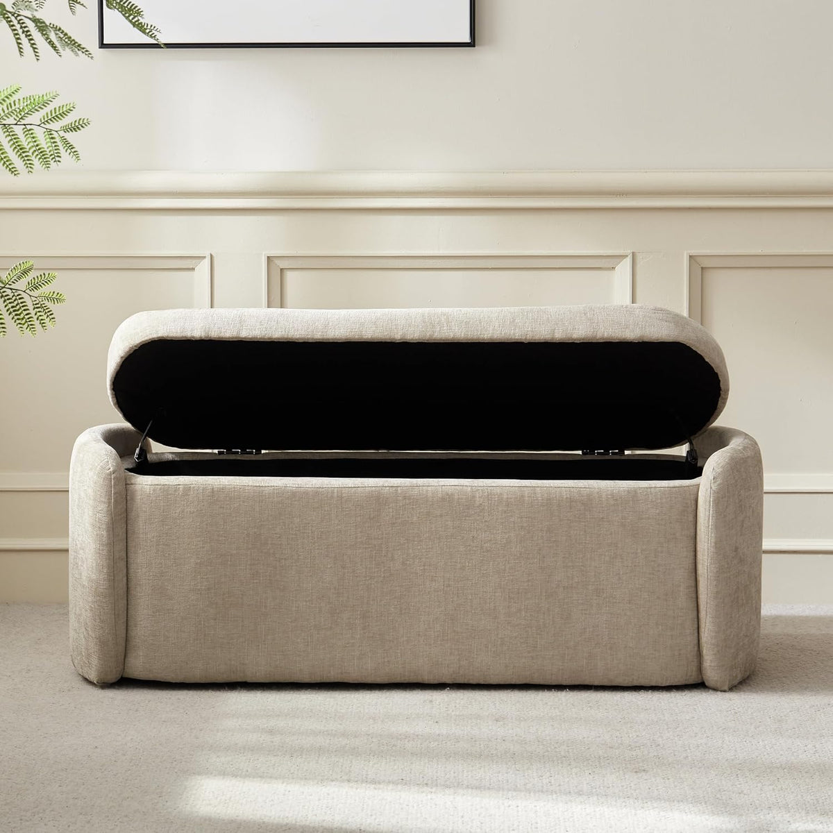 VKNOW Storage Bench, Upholstered Storage Ottoman Bench with Hinge, Khaki | Ottoman Bench with Large Capacity, Curved Frame, Soft Fabric, Storage Bench for Bedroom, Living Room, Entryway