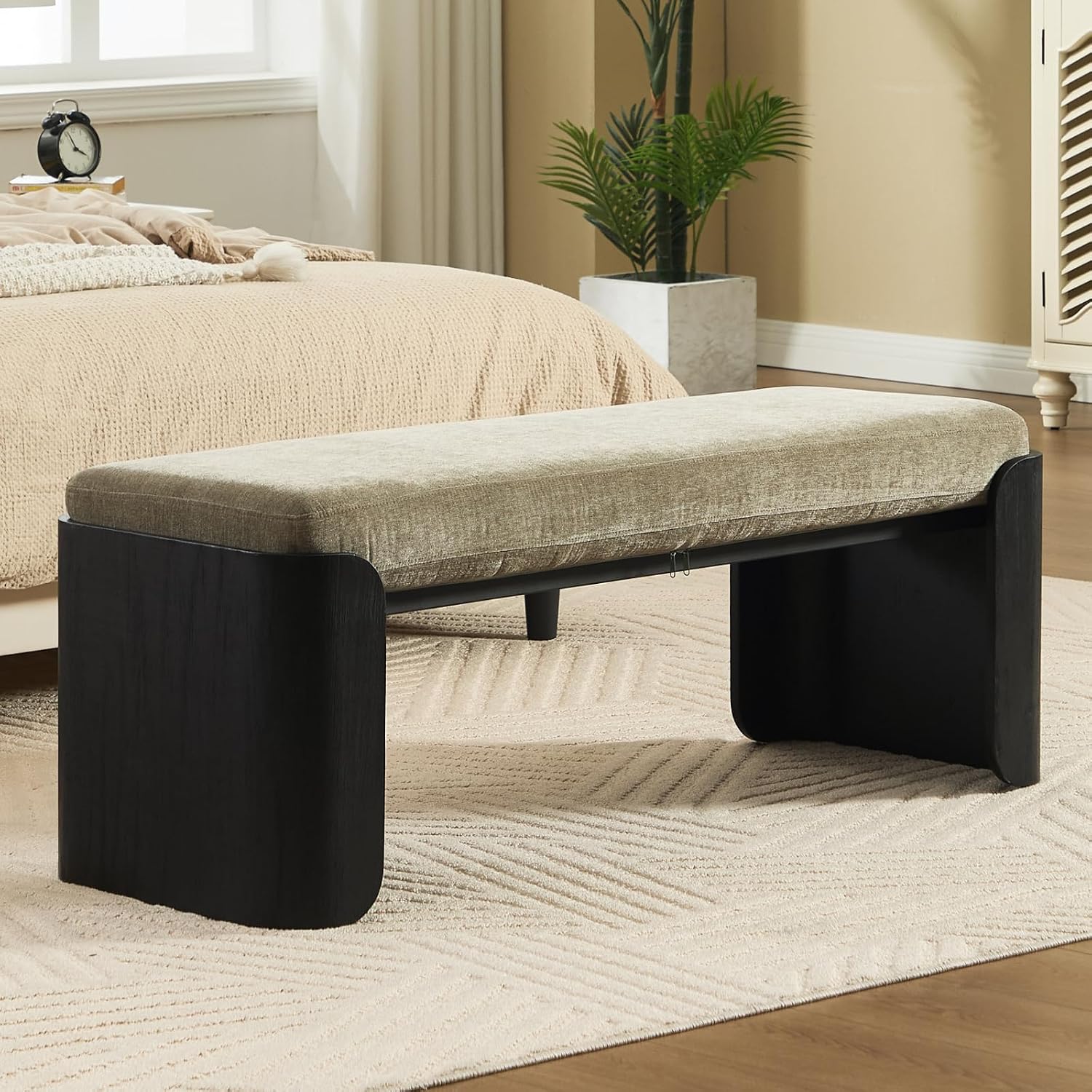DUOMAY Modern Green Chenille Bedroom Bench, 49" Wide Long Entryway Bench with Solid Wood Legs Upholstered Dining Bench Ottoman for Living Room Indoor