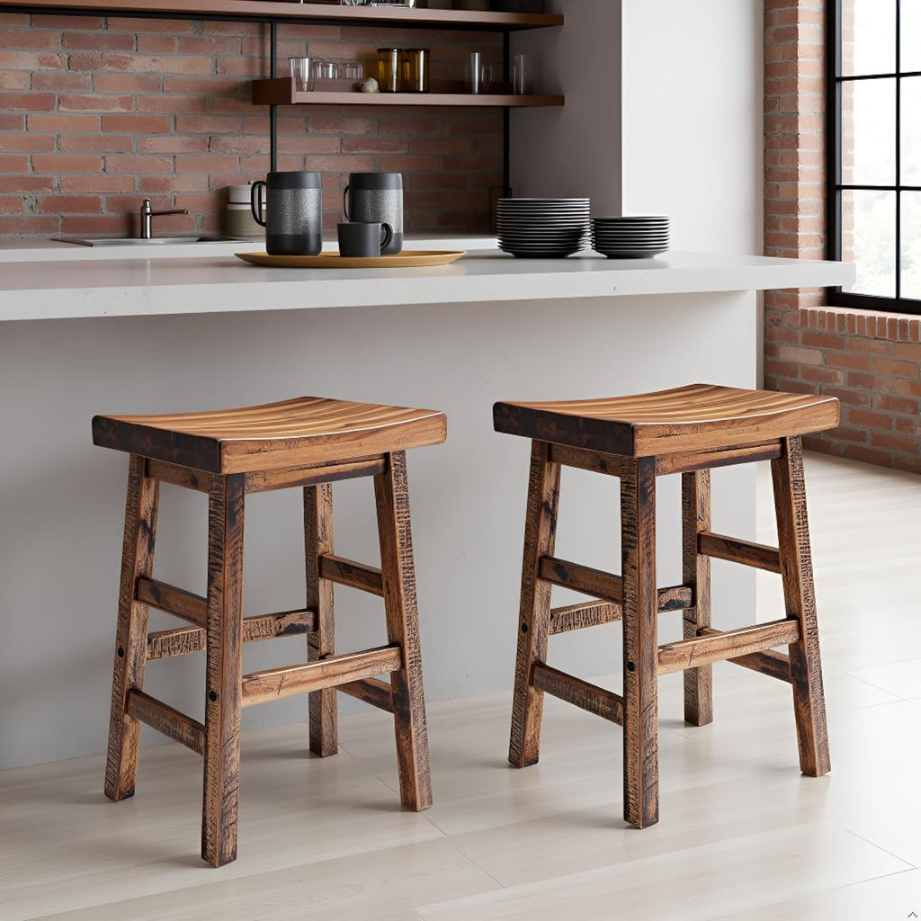 Alaterre Durango Solid Wood Rustic Bar Stool Set of 2, Natural, 26-Inch | Counter Height Backless Barstool Kitchen Seating with Saddle Seat, Barstools for Kitchen and Home Bar