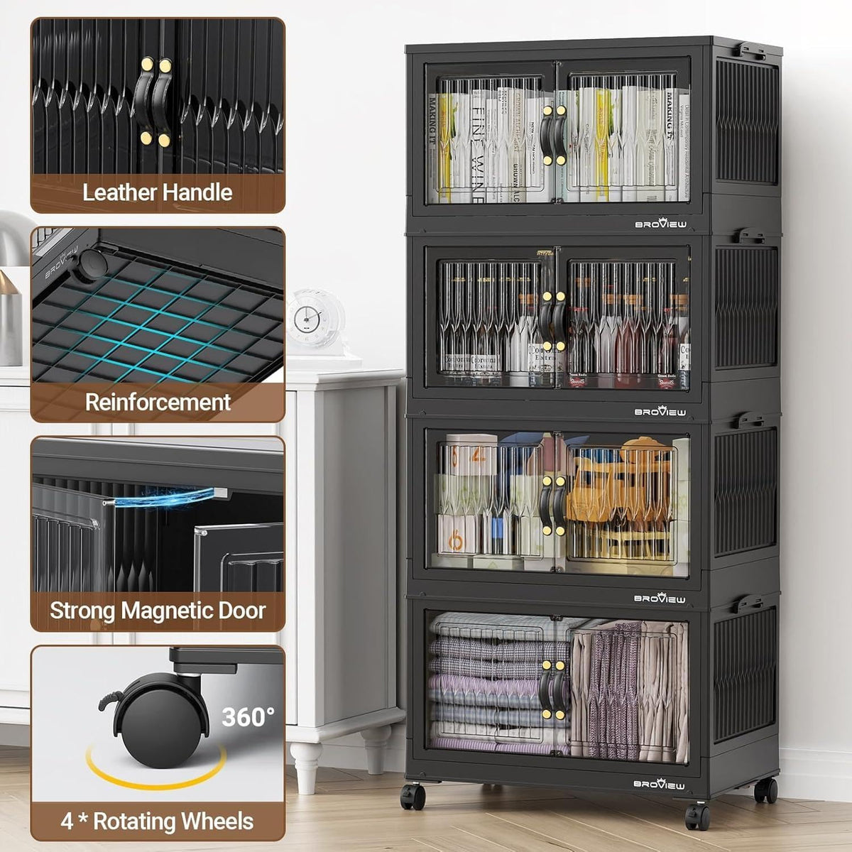 BROVIEW 320Qt Stackable Storage Bins with Lid, Extra Large Closet Organizer Collapsible Drawer Boxes with Wheels, Folding Plastic Cabinet Containers for Home Kitchen Room Organization, 4Pack Black