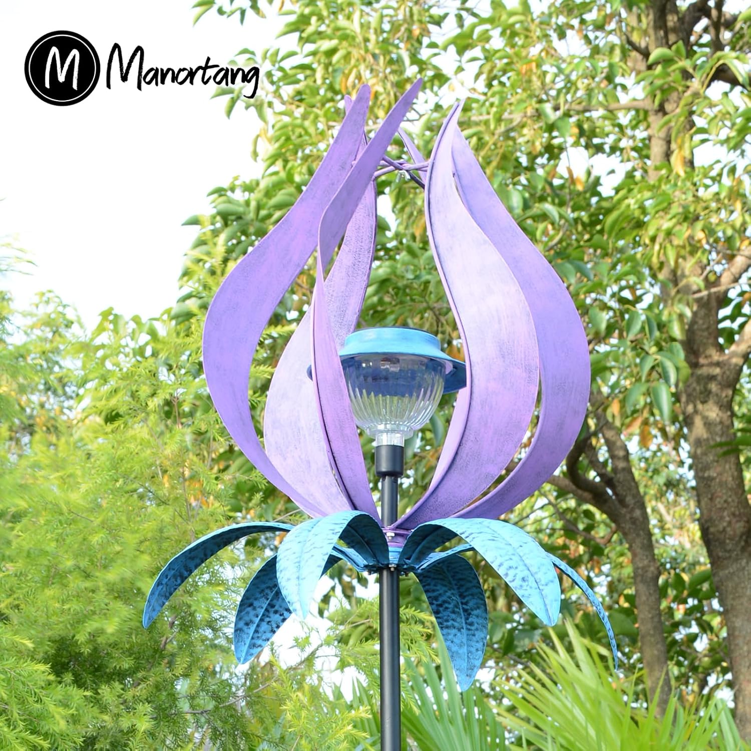 Multifunction Solar Wind Spinner Outdoor with Shepherd Hooks MANORTANG 83 Inch Metal Large Landscape Light Double Coconut Basket LED Windmill Outdoor Decoration for Yard Garden Lawn Patios (Purple)