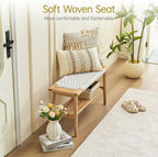Solid Wood Narrow Bench with Storage, 33.46" Woven Bench for Entryway and Hallway, End of Bed Bench with Oak Frame, Boho Accent Bench (Natural Beige)