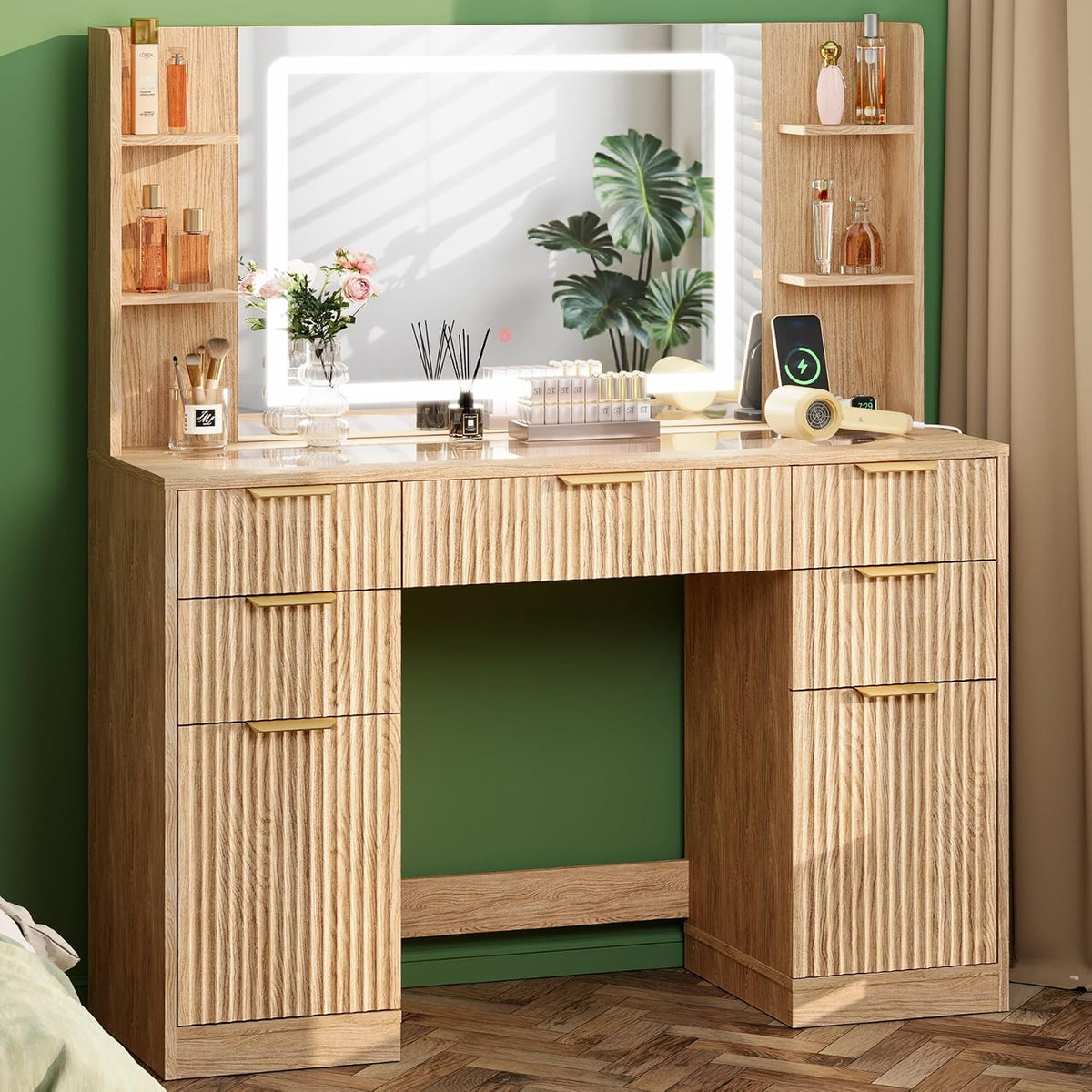 Fluted Vanity Desk with 30.2" Mirror and Lights, Glass Top Makeup Vanity with Desktop Light Strips, 5 Drawers, 2 Cabinet & 6 Open Shelves, Power Outlet, Lighting Adjustable,Natural