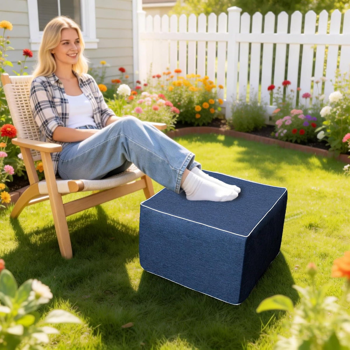 20x14 In Outdoor Square Ottoman – Lightweight Patio Ottoman Footrest with High-Density Foam Filler Perfect as Waterproof Footstool or Extra Seating for Decks, Gardens, or Poolside (Navy Blue)