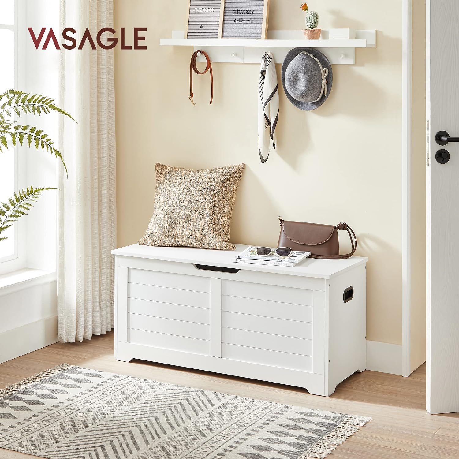 VASAGLE Storage Chest, 39.4 Inches Width Bench with 2 Safety Hinges | Farmhouse Style, for Entryway, Bedroom, Living Room, Cloud White, SOFIE Collection ULSB061T10