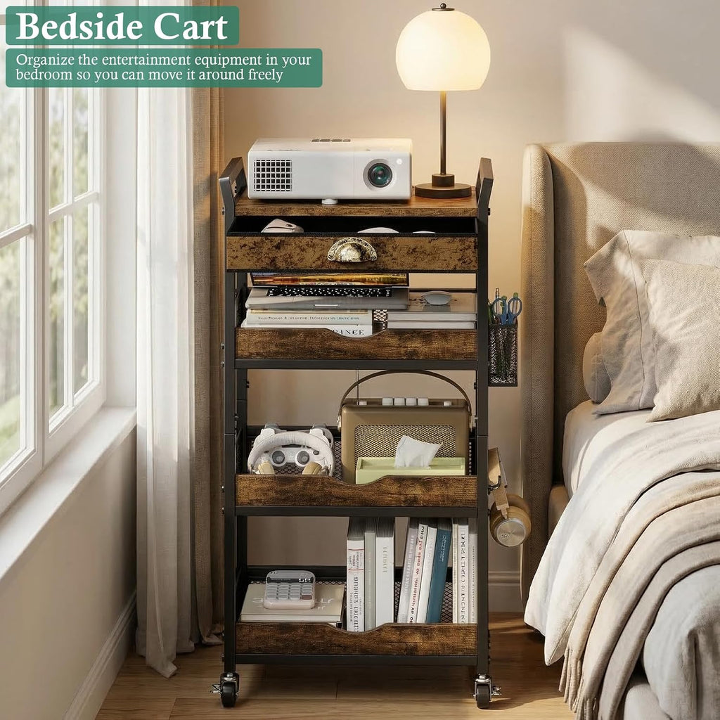 XYZLVSI Rolling Utility Cart, 4 Tier Coffee Cart Station with Drawer | Metal craft storage cart, nail cart with wheels, ideal for living room/entryway/bathroom/office/makeup, wire basket, hooks