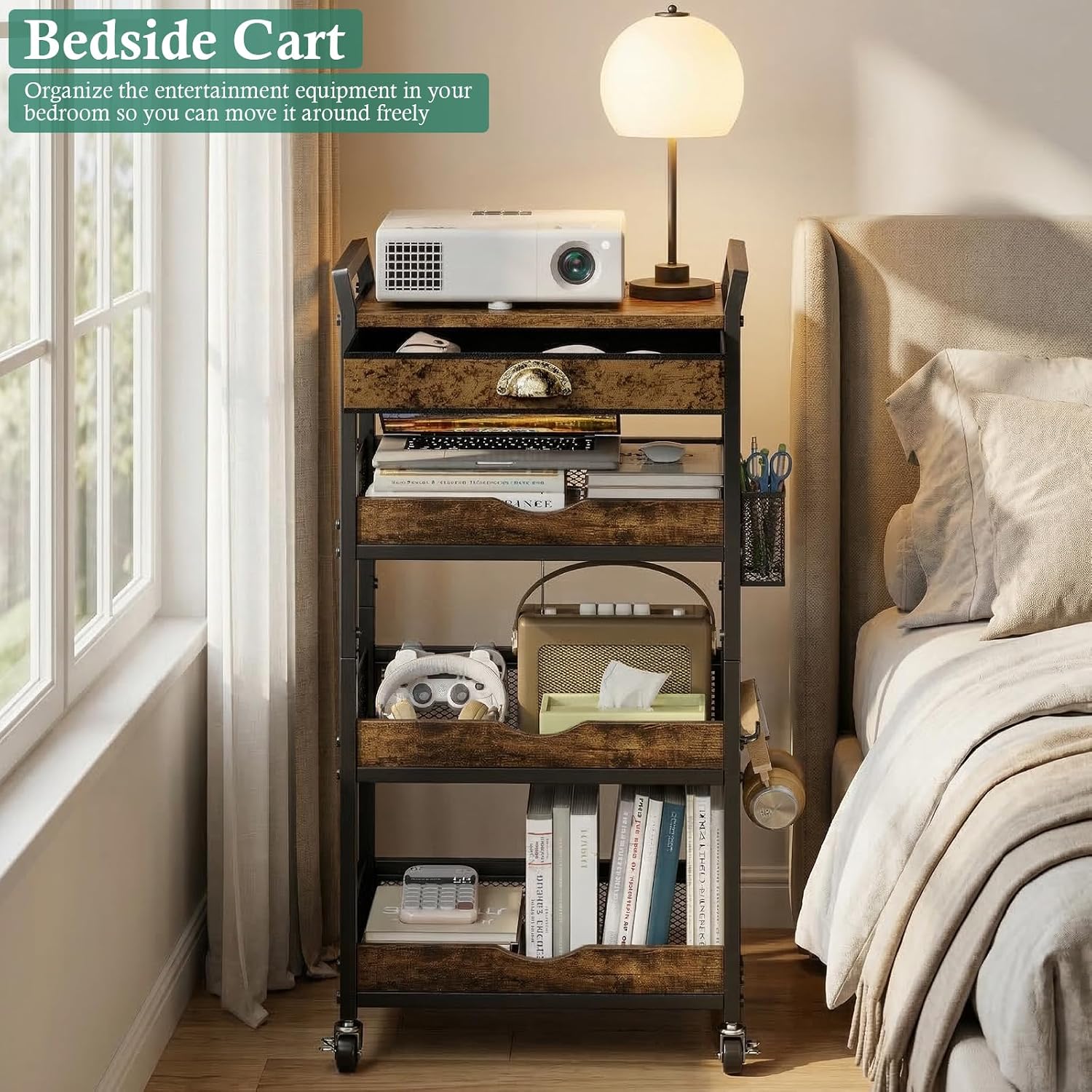 XYZLVSI Rolling Utility Cart, 4 Tier Coffee Cart Station with Drawer | Metal craft storage cart, nail cart with wheels, ideal for living room/entryway/bathroom/office/makeup, wire basket, hooks